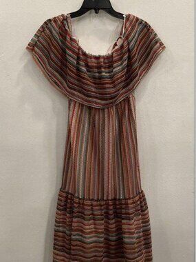 Bohemian Off-Shoulder Multi-Color Stripe Dress with Ruffled Hem 6 NWT